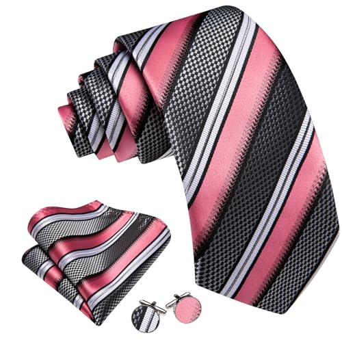 Image of Barry.Wang Tie Sets for Men Silk Stripe Necktie Woven Checkered Handkerchief Cufflinks Formal Business Wedding