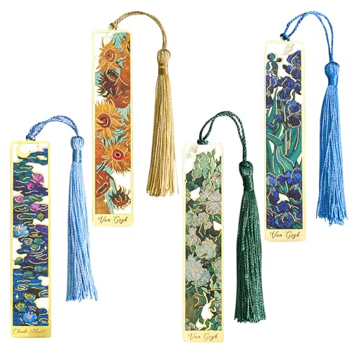 4 piezas de marcadores de Van Gogh, marcador de metal hueco estilo pintura al óleo vintage, marcadores personalizados, marcadores, borlas, marcadores de flores