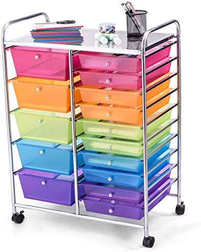 TANGZON 15 Drawers Storage Cart, Utility Rolling Trolley on Lockable Wheels, Multipurpose Mobile Organizer for Home Office Stationery Beauty & Salon