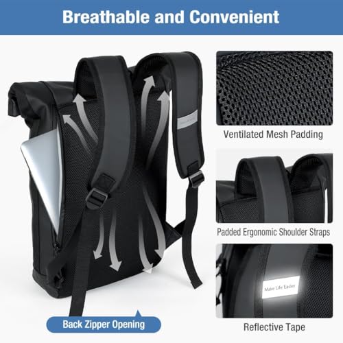 Lekeinchi Rolltop Rucksack Wasserdicht für Damen & Herren, Großer Laptop Rucksack mit Computerfach für 17 Zoll Laptop, Elegant Reiserucksack Daypack für Reisen, Radfahren, Uni Schule--Schwarz