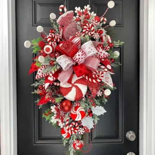 Christmas Candy Cane Teardrop Wreath, Festive Candy Cane Bow Christmas Wall Hanging, Large Red White Xmas Door Decor Indoor Outdoor Holiday Porch Decoration