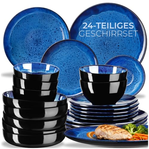 tectake® 24-teiliges Tafelservice 6 Personen, Steingut Geschirrset 6 Personen, handgefertigtes Teller Set mit Schüsseln, Geschirr Set spülmaschinen- und mikrowellengeeignet - Nautic Blue