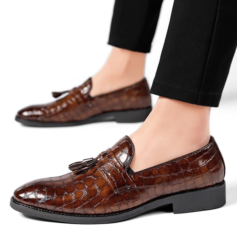 Mens Loafers Pointed Toe PU Leather Block Pattern with Tassel Loafer Shoes Anti-Slip Comfortable Slip Resistant Wedding Slip-on4