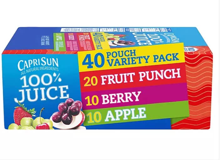 BeeQ Caja (paquete de 40)  Capri Sun 100% jugo de fruta ponche, bayas y manzana, cajas de jugo surtido (bolsas de 6 onzas líquidas)