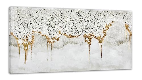 TRAIN2 ART Textured Abstract Glitter Artwork Canvas Wall Art, White Acrylic Painting and Gold Foil Oil Painting Wall Art on Canvas, for Living Room Decor Gold and Gray (gold, 24X48inch)