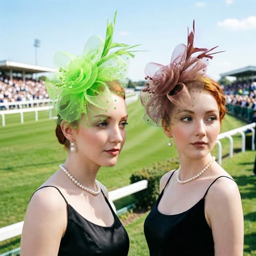 Image of DRESHOW Fascinators Hat Flower Mesh Ribbons Feathers on a Headband and a Clip Tea Party Headwear for Girls and Women