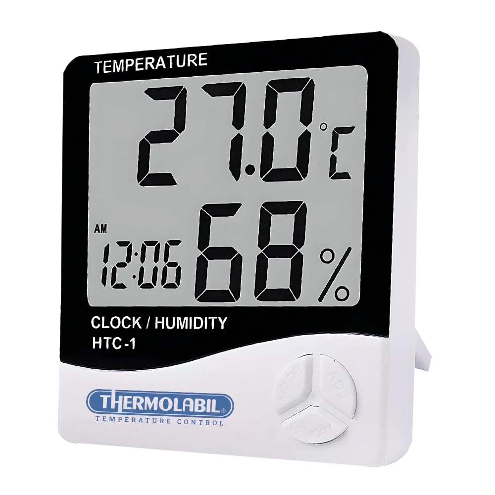 HTC-1 – Termohigrómetro Digital con Sonda – Temperatura y Humedad Interior/Exterior – Reloj y Calendario – Pantalla LCD Grande – Mesa o Pared
