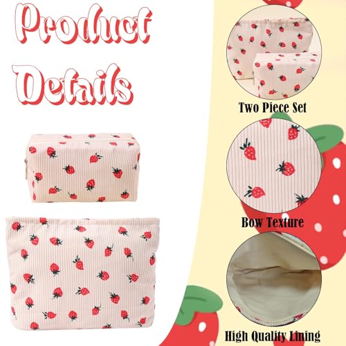 LYDZTION 2PCS Cute Corduroy Makeup Bag Set for Women, Small Travel Toiletry Bag, Coquette Cosmetic Portable Versatile Zipper Pouch - Strawberry2