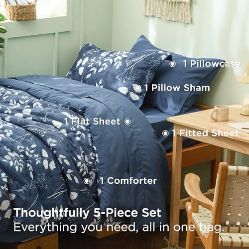 Image of Bedsure Floral Navy Comforter Set, Twin-XL Bedding Sets, Dorm, 5 Piece