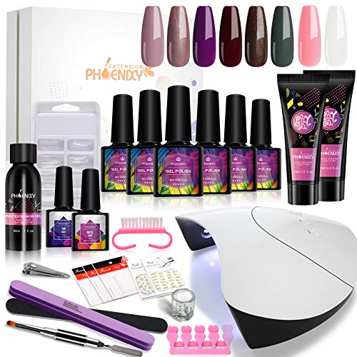 Phoenixy Gel Nail Polish Kit with 36W LED UV Nail Lamp 6 Colors Soak off Gel Nail Polish 2 Poly Nail Extension Gel Basic Manicure Tools All In One Beginner Starter Kit Gifts for Women