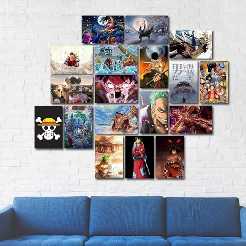 Image of ATEVON One Piece Anime Wall Collage Kit - Pack of 18 Posters (6x4 Inches) Featuring Luffy Zoro Kaido and Straw Hat Pirates - Multicolor Room Decor for Bedroom Dorm and Anime Wall Art Display