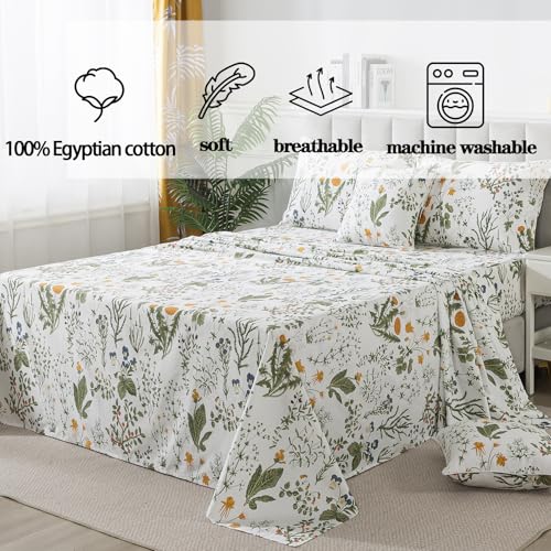 Image of FADFAY 100% Egyptian Cotton Sheets Full Botanical Printed Floral Sheets Yellow Flowers & Leaves Pattern Farmhouse Bedding Soft and Breathable French Country Bedding 4Pcs Deep Pocket Full Sheet Set