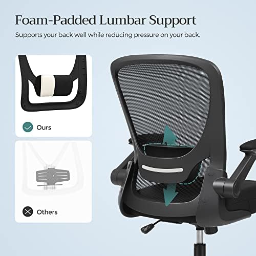 SONGMICS Krzesło biurowe ze składanymi podłokietnikami, krzesło do biurka z siatkową tapicerką, ergonomiczne krzesło do komputera, krzesło obrotowe 360°, oszczędzające miejsce, czarne OBN37BK