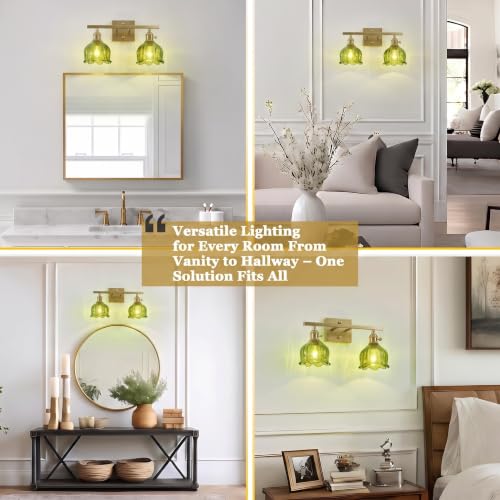Image of 3-Light Vintage Bathroom Vanity Light, 19.4 inch Brass Hardwired Wall Sconce with Amber Tulip Glass Shades, Brushed Gold Vanity Light for Mirror, Restroom, Bedroom (Green, 2-Light)