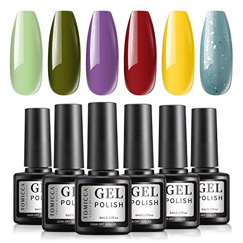 TOMICCA Gel Nail Polish Set, Red Yellow Green, 6 Christmas Colors, UV LED Soak Off Gel Starter Kit, Gel Manicure at Home Kit, No Chip & Non Toxic - 6 × 8ml