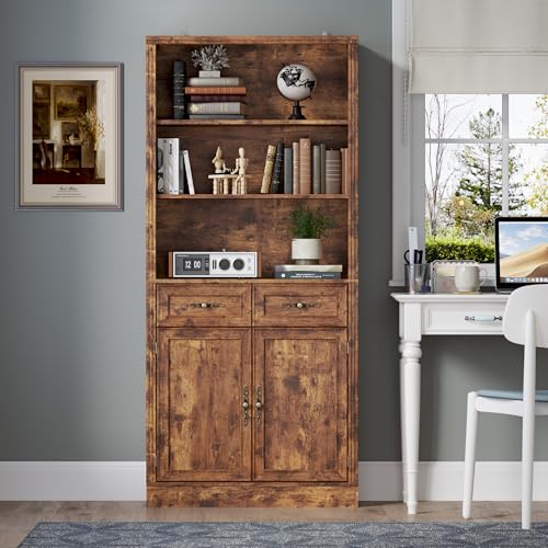 Image of BORNOON 70.1 inch Tall Bookshelf with Drawers & Cabinet, 5-Tier Floor Standing Bookcase with Storage Doors, Adjustable Shelves & Metal Handles, 31.5 inch Wide Organizer for Home Office, Living Room