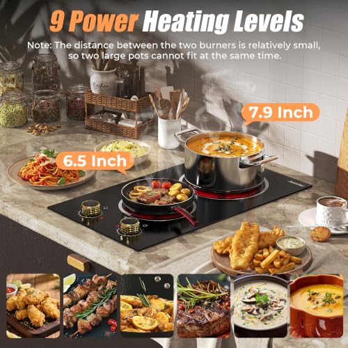Image of 2 Burner Electric Cooktop - 12 Inch Plug in 110V Electric Cook Top Two Burner, Built-in & Countertop Ceramic Stove Top with Knob Control, 9 Power Levels and Overheat Protection (Golden Knob)