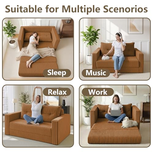 Image of HABUTWAY Folding Sofa Bed, 2 in 1 Convertible Sleeper Chair with Pillow, Portable Fold Out Chair Bed with Armrest, Comfy Floor Couch, Lazy Sofa for Living Room Bedroom Dorm Home Office, Orange