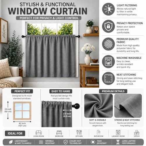 Image of JUPON Kitchen Blackout Valance Rod Pocket Curtain 1 Piece, Kitchen Curtain 3ft