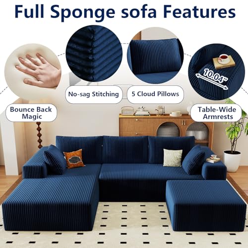 Image of 96 inch Modular Sectional Sofa with Ottoman, Modern Corduroy Cloud Couch with Deep Seat, Boneless Couch Upholstered 3-Seater U-Shaped Sofa for Living Room, No Assembly (Blue, Left-Facing Chaise)
