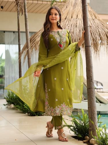 Image of Naixa Women's Rayon Embroidered Straight Kurta with Pant and Dupatta Sets (NX2-741)