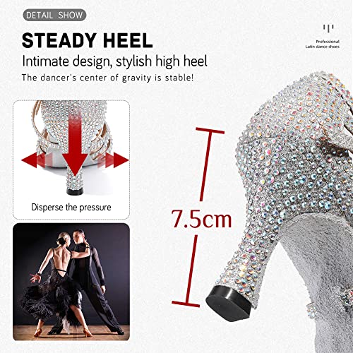 Image of JUODVMP Women's Latin Dance Shoes Rhinestones Satin Ballroom Dancing Shoes Salsa Professional Dance Shoes