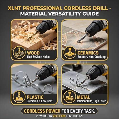 Image of XLNT 21V Cordless Impact Drill Set with 2 Batteries and Fast Charger, 3-in-1 Drill /Screwdriver /Impact Mode, 2-Speed, LED Light,10mm Chuck, Accessories Kit & Carry Case