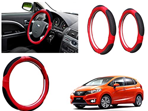 Image of Microfiber Car Steering Wheel Cover, Soft Padding Great Hand Feel, Anti-Slip, Faux Leather Steering Cover for Honda Jazz 2015 S and V Model Onwards | Black Red Jali - Pack of 1