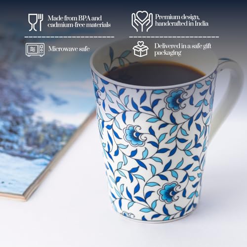Image of GOLDEN QUEEN'S Mugs Set of 2 for Coffee, Tea, Milk - Ideal for Your Daily Beverage Ritual, Hosting & Casual Gatherings (Blue Vine Whispers)