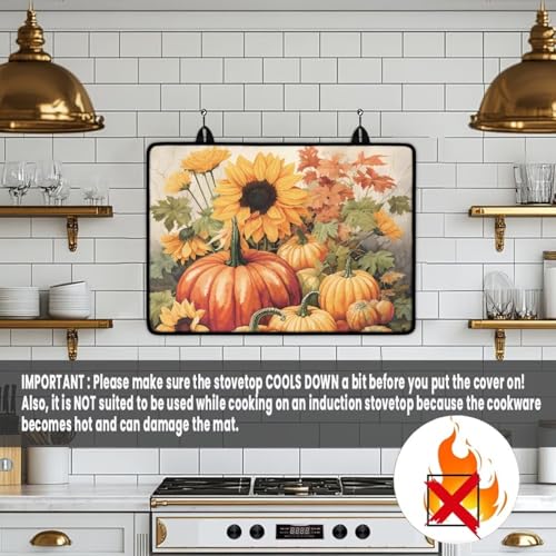Image of Glass Ceramic Top Stove Cover Anti-Scratch Universal Induction Cooktop Protector Mat for Electric Stove with Non-Slip Rubber Backing, 29 x 21 Inch, Fall Pumpkin Sunflower Maple Leaf Print