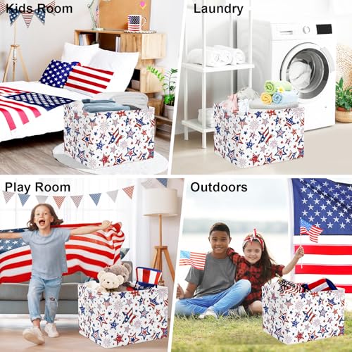 Image of Clastyle Independence Day Patriotic Baby Gift Basket American Flag Firework Kid Book Toy Nursery Bin Collapsible Beach Towel Basket Clothes Organizer, Star, 40 * 30 * 30 cm