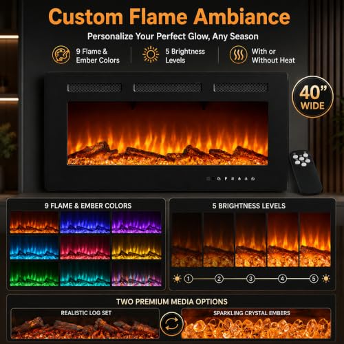 Image of GarveeTech 40 Inch Black Electric Fireplace, 750W /1500W Wall Mounted Heater
