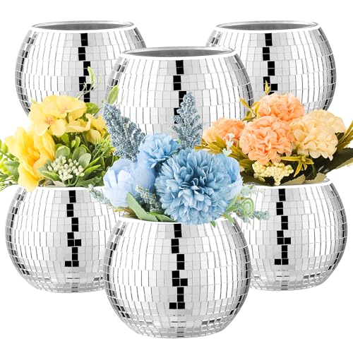 Image of 6 Pcs Disco Ball Vase Disco Ball Planter for Centerpieces Disco Ball Decor Flower Vase with Silver Mirror Glass for Wedding, Birthday, Party (4 inch X 4.7 inch)
