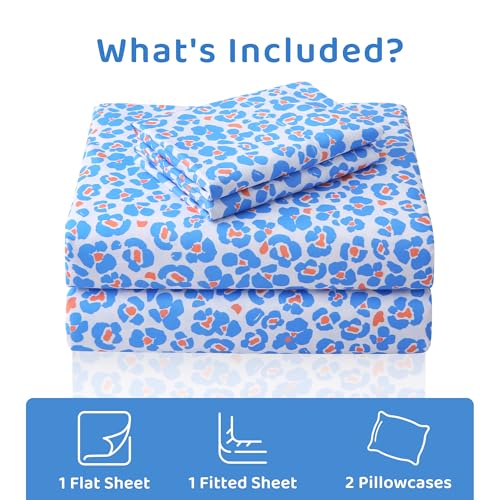 Image of Mooreeke Leopard Cheetah Printed Full Bed Sheets, Soft Microfiber Bedding Sheets & Pillowcases, Deep Pocket Non-Slip Fitted Full Sheet, Blue Animal Pattern Bedsheets