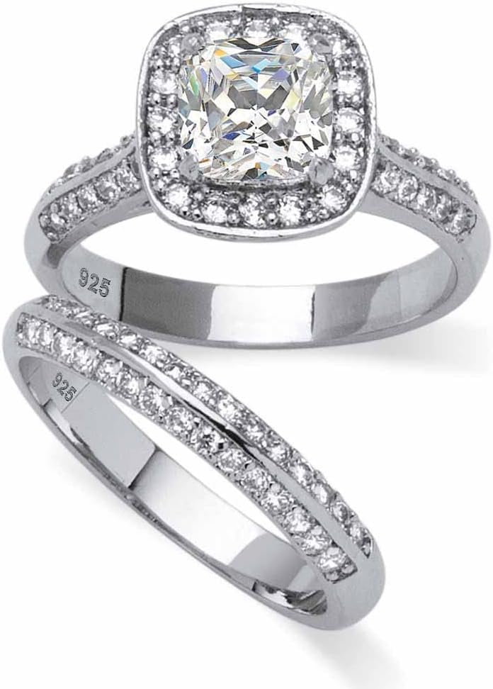 PalmBeach Platinum-plated Sterling Silver Cushion Cubic Zirconia Halo Bridal Ring Set Sizes 5-10