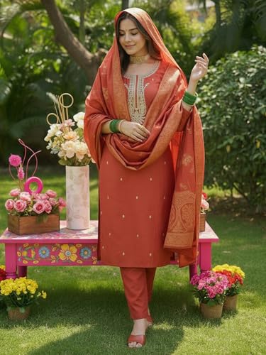 Image of INDO ERA Women's Viscose Self Design Straight Kurta with Pant & Dupatta Set