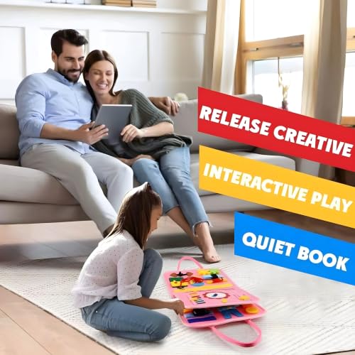 Image of Cable World Montessori Busy Board for Toddlers 2-5 Years, 25+ Learning Activities, Sensory Travel Toy, Quiet Book with Alphabet, Clock, Calendar, Jigsaw Puzzle, Fine Motor Skills Dino Theme - Pink