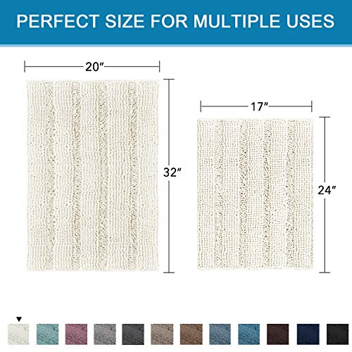H.versailtex 2 Piece Bathroom Set Super Thick Soft Striped Shaggy Chenille Bath Mats Machine Washable Bath Rugs Set For Bathroom, Dry Fast Water Absorbent Bath Mats(Cream, 20" X 32"/17" X 24") #TOP1
