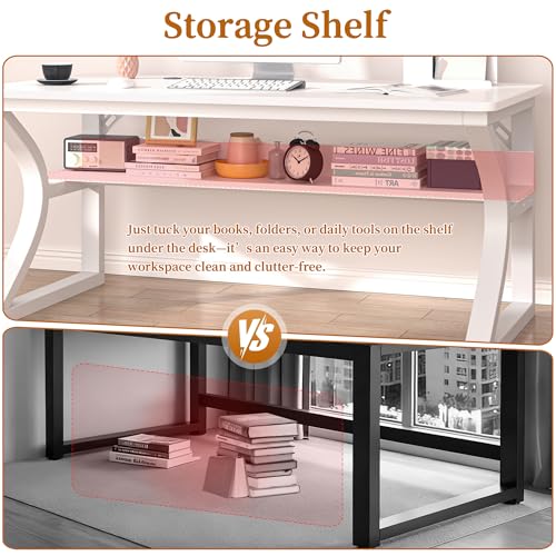 Image of 47 inch Computer Desk, Home Office Desk with Storage Shelf, Sturdy U-Shaped Metal Frame Study Table with Cable Management, Gaming Desk for Office & Bedroom (White, 47inch)