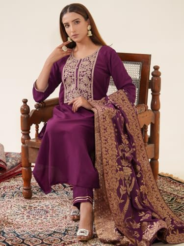 Image of Kaari Women's Embroidered Kurta Set with Pant & Dupatta | Ethnic Kurta Set for Women | Straight Fit | Round Neck | Festive, Wedding, Ceremony