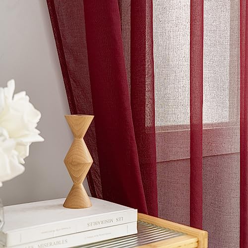 Image of Sheer Curtains for Windows, Window Treatments Semi Crinkle Curtains, Rod Pocket Sheer Privacy Curtains 63 inch Length 2 Panels Set for Living Room Bedroom Kitchen Babyroom Set of 2, 52 inchx 63 inch, Burgundy
