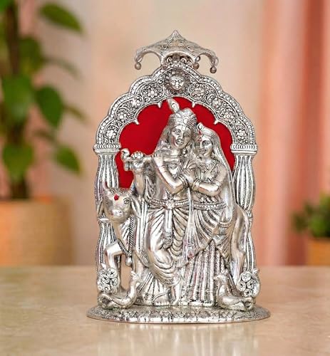 Image of KridayKraft Metal Radha Krishna Idol with Cow Decorative Showpiece Statue for Puja Room Home Office Desk Gift Items Ornate Metal Sculpture of Hindu Deities (Silver, Height 33 CM)