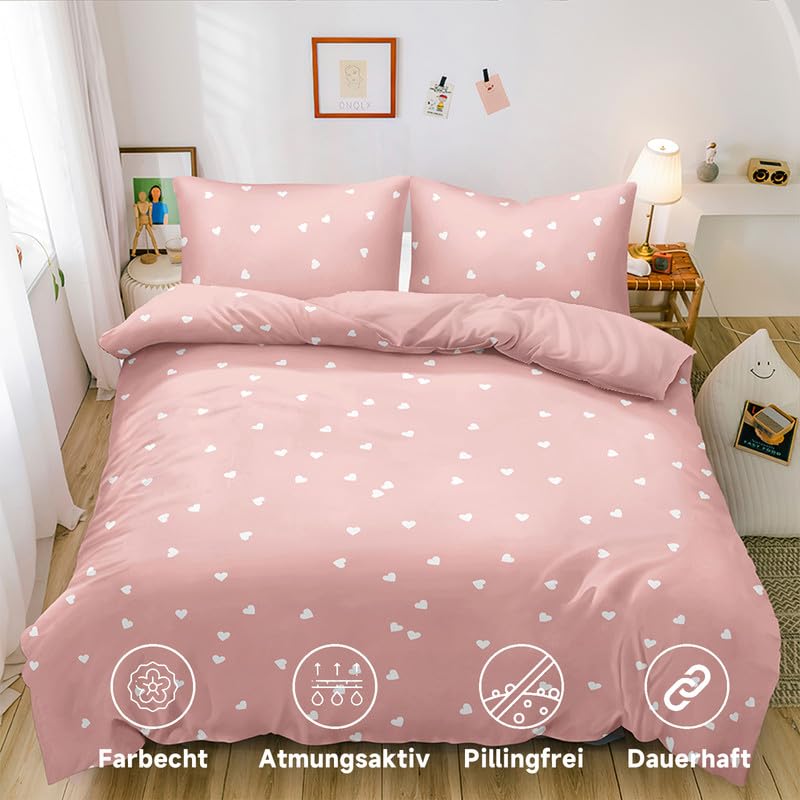Bettwäsche-Set Mit Herzen – Süße Mikrofaser-Bettwäsche 135x200 Cm In Rosa & Weiß