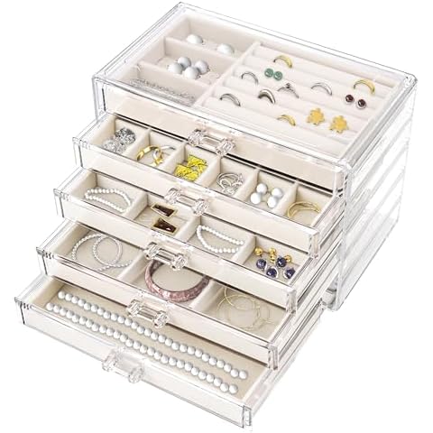 Hmdivor Acrylic Jewelry Organizer with 5 Drawers Cover