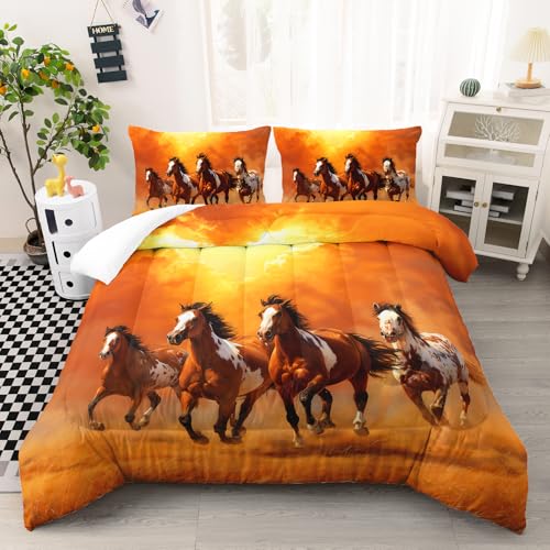 Image of AILONEN Galloping Horses Comforter Set Queen Size,Sunset Orange Theme Bedding Sets for Boys Girls Teens Adults, All Season 1 Quilt and 2 Pillowcases, 3 Piece