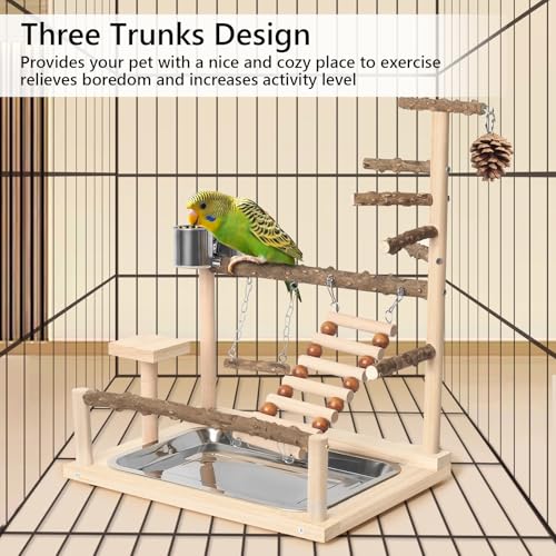Image of Wood Pet Parrot Playground Bird Play Stand Toys Perch with Feeder Cups for Cockatiel Parakeet Lovebirds Conure (Natural)