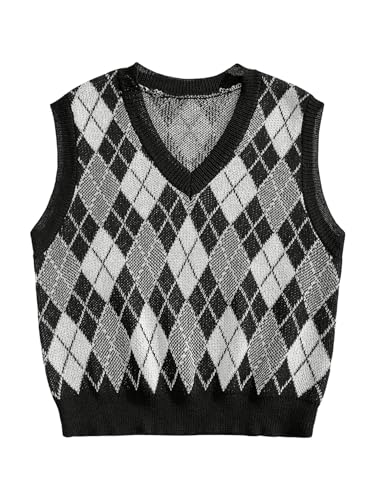 BEAUDRM Men's Plaid Geometric Sleeveless Knitted Sweater V Neck Crochet Pullover Sweater Vest Black and White Small