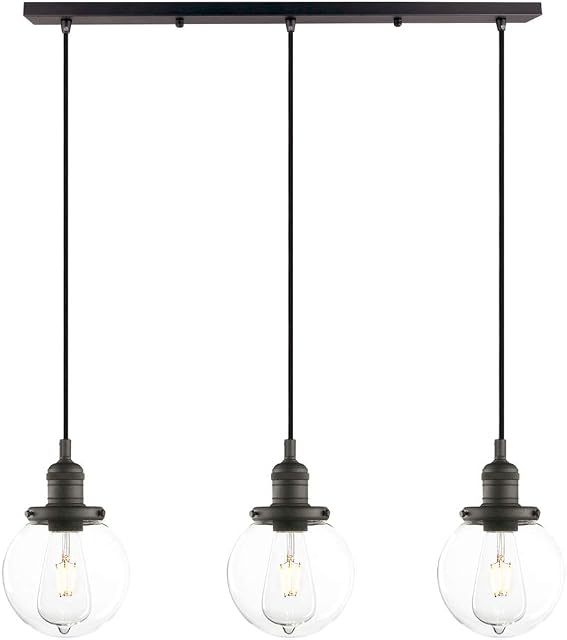 Phansthy Triple Pendant Light, 2m Adjustable Cord Wire Hanging Lamp Cluster Chandelier with Globe Clear Glass Shade, 3 Head Modern Ceiling Lights Fixtures for Kitchen Living Room (Black)