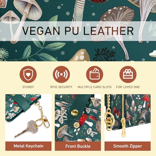 Image of Jogjam Mushroom Green Rfid Ladies Wallet, Small Slim Thin Compact Credit Card Women Wallet, PU Leather Bifold Cash Zipper Coin Pocket ID Window for Female
