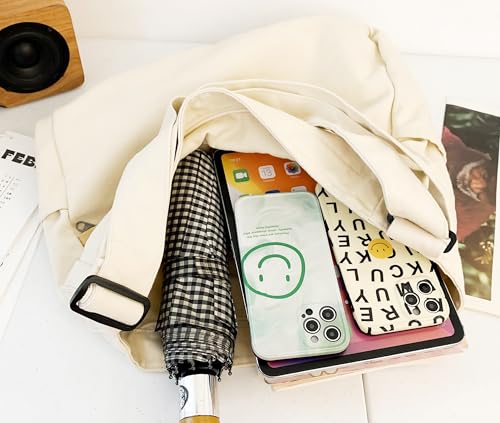 Image of Cotton Tote Handbag Women Canvas Crossbody Beach Bag Hobo Shoulder Tote Bag with 3 External Pocket,Zipper Closure